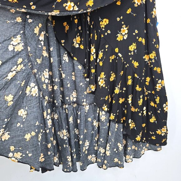 NWT Torrid Black Yellow Floral Faux Wrap Maxi Challis Skirt Ruffle Trim High Low - Picture 5 of 12